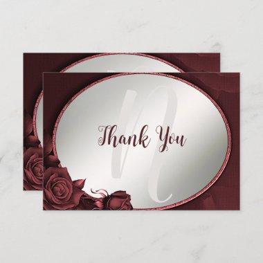 Party Monogram Red Pink Roses Flowers Frame Thank You Invitations