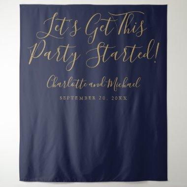 Party Started Script Navy Blue Gold Photo Backdrop