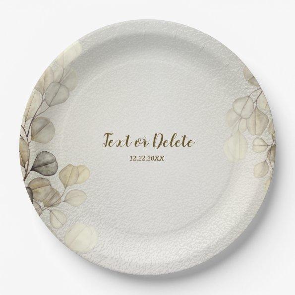 Party Watercolor Golden Eucalyptus Foliage Shiny Paper Plates