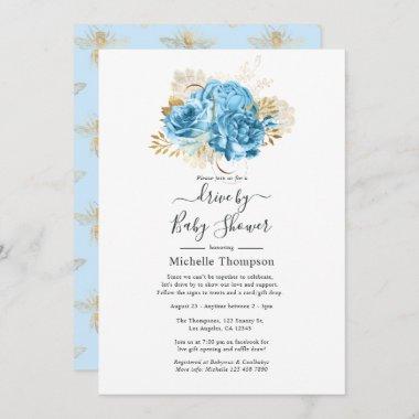 Pastel Blue and Gold Floral Drive By Shower Invitations