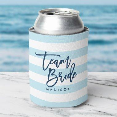 Pastel Blue and White Stripes Blue Team Bride Can Cooler