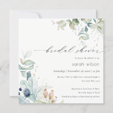 Pastel Blue Green Foliage Bridal Shower Invite