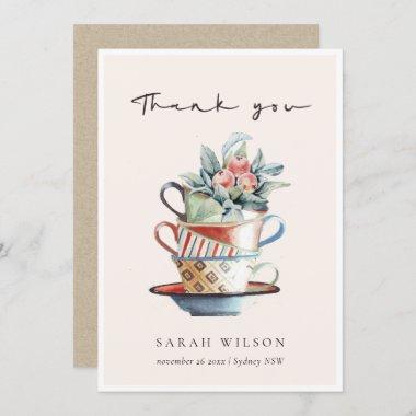 Pastel Blush Blue Stacked Cups Floral Tea Party Thank You Invitations