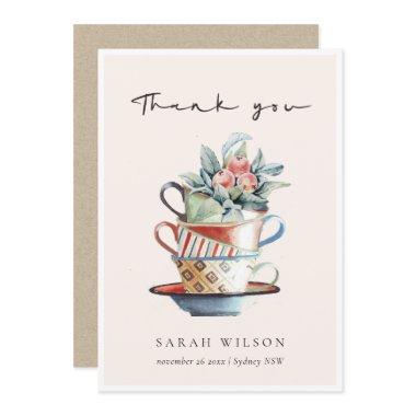 Pastel Blush Blue Stacked Cups Floral Tea Party Thank You Invitations