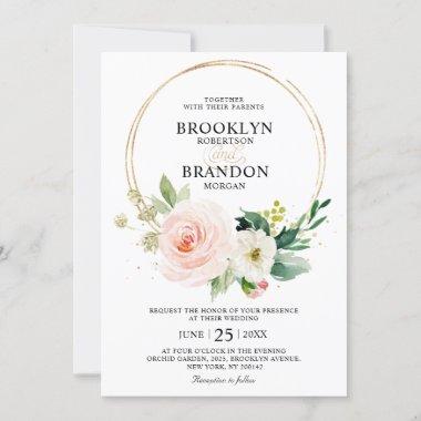 Pastel Blush Pretty Pink Floral Botanical Wedding Invitations