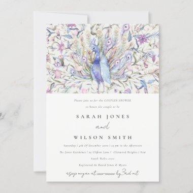 Pastel Classy Watercolor Peacock Couples Shower Invitations