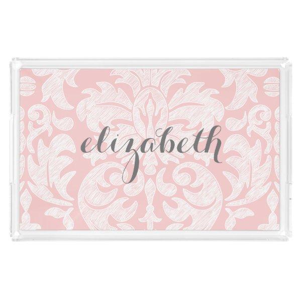 Pastel Coral and Gray Damask Suite for Women Acrylic Tray