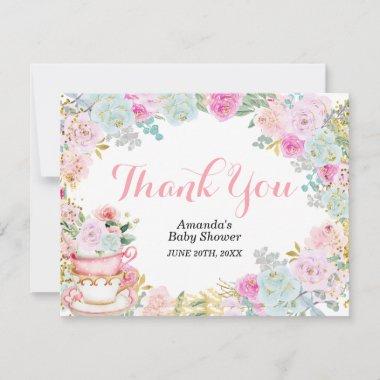 Pastel Floral Tea Party Gold Glitter Thank You