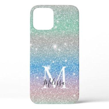 Pastel Gradient Glitter Sparkle Monogram Name iPhone 12 Case