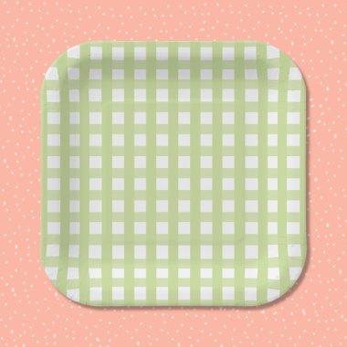 Pastel Green Gingham Check Pattern Paper Plate