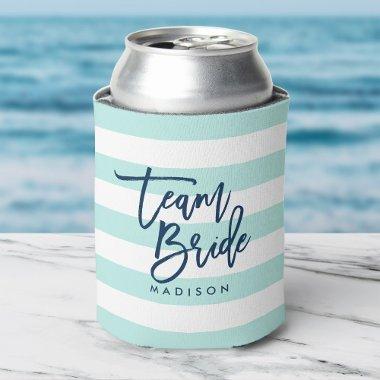 Pastel Mint and White Stripes Blue Team Bride Can Cooler