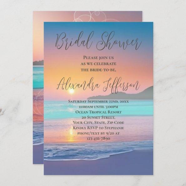 Pastel Ocean Sunset Beach Bridal Shower Invitations