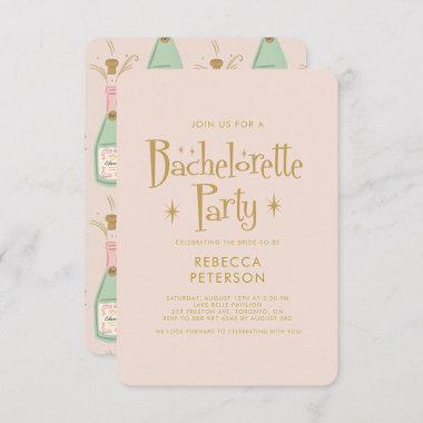 Pastel Peach Golden Champagne Bachelorette Party Invitations