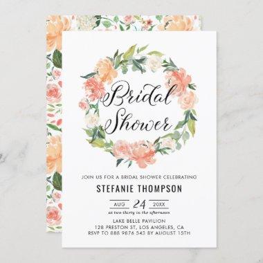 Pastel Peach Peonies Floral Wreath Bridal Shower Invitations