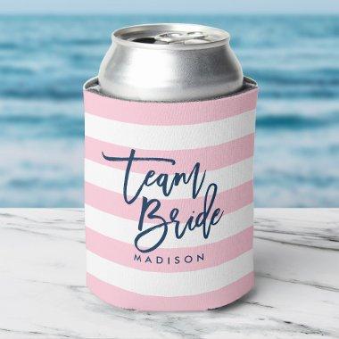 Pastel Pink and White Stripes Blue Team Bride Can Cooler