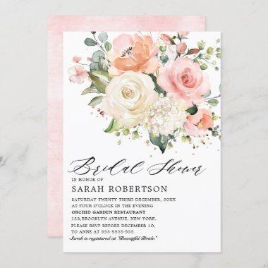 Pastel Pink Blush Rose Floral Bridal Shower Invitations