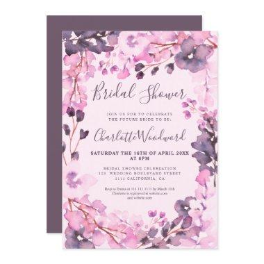 Pastel pink floral watercolor bridal shower purple Invitations