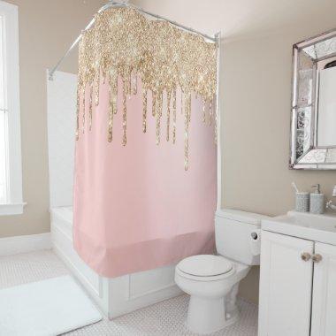 *~* Pastel Pink Gold Glitter Drip AP7 Shower Curtain