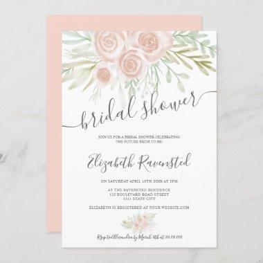Pastel pink green floral watercolor bridal shower Invitations
