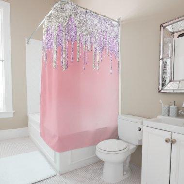 *~* Pastel Pink Lavender Gold Glitter Drip AP7 Shower Curtain