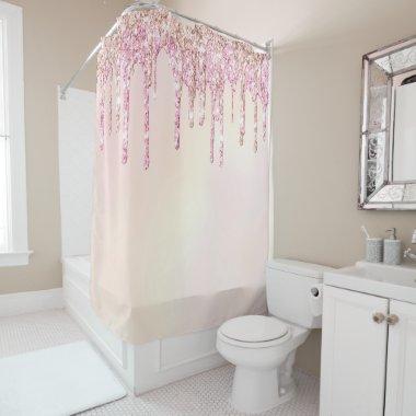 *~* Pastel Pink Peach Ombre Gold Glitter Drip AP7 Shower Curtain