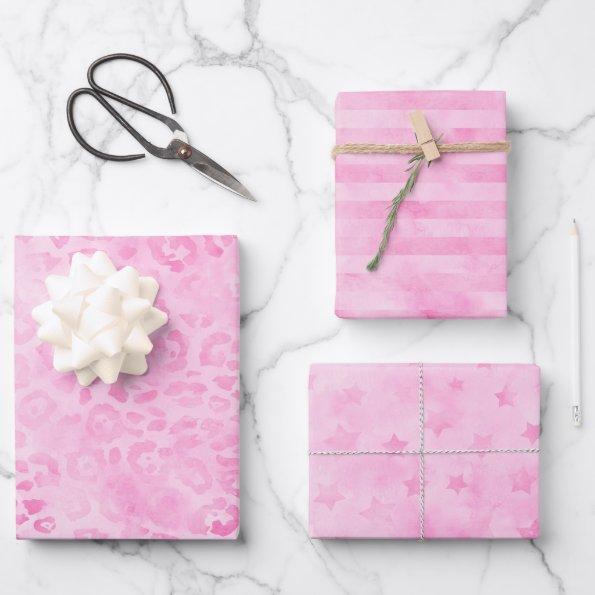 Pastel Pink Watercolor Leopard Stripes Stars Print Wrapping Paper Sheets