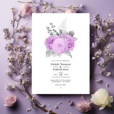 Pastel Purple and Silver Vintage Rose Wedding Invitations