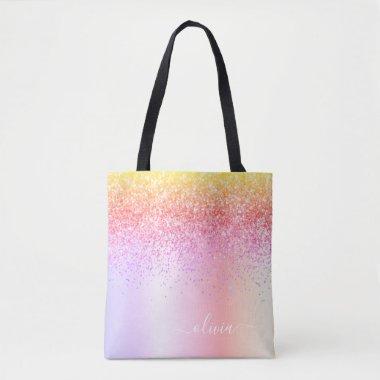 Pastel Rainbow Pink Gold Purple Glitter Monogram Tote Bag