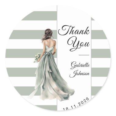 Pastel Sage Green Stripes Bride  Classic Round Sticker