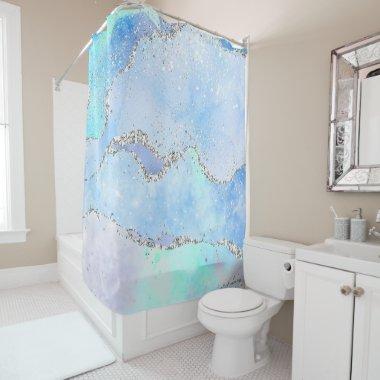 *~* Pastel Sky Blue Agate Holo GLITTER Ocean AP8 Shower Curtain