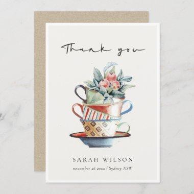 Pastel Soft Red Blue Stacked Cups Floral Tea Party Thank You Invitations