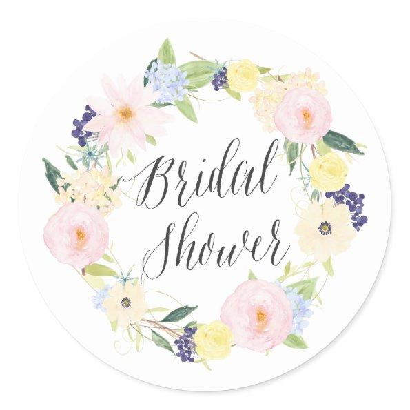 Pastel Spring Floral Wreath Bridal Shower Stamp Classic Round Sticker