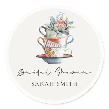 Pastel Stacked Cups Floral Bridal Shower Tea Party Classic Round Sticker