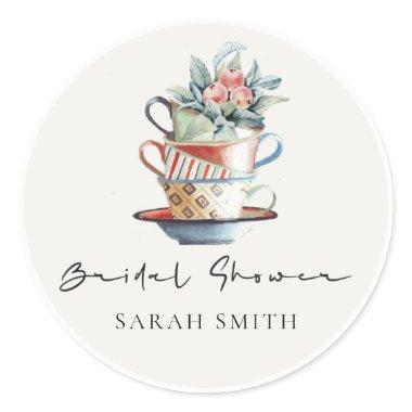 Pastel Stacked Cups Floral Bridal Shower Tea Party Classic Round Sticker