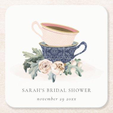 Pastel Stacked Cups Floral Bridal Shower Tea Party Square Paper Coaster