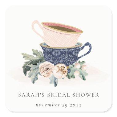 Pastel Stacked Cups Floral  Tea Party Square Sticker