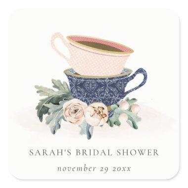 Pastel Stacked Cups Floral Bridal Shower Tea Party Square Sticker