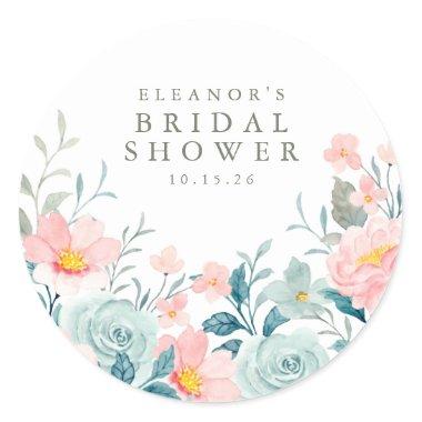 Pastel Teal Pink Watercolor Floral Bridal Shower Classic Round Sticker