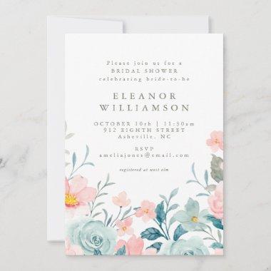 Pastel Teal Pink Watercolor Floral Bridal Shower Invitations