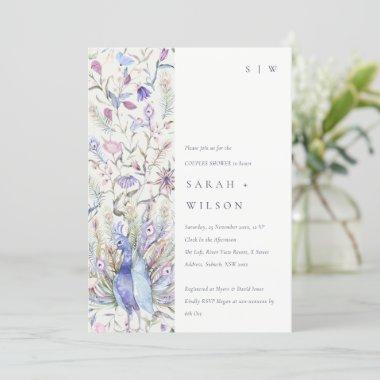 Pastel Watercolor Floral Peacock Couples Shower Invitations