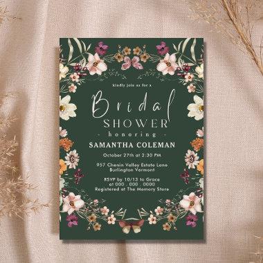 Pastel Wildflower Modern Dark Green Bridal Shower Invitations