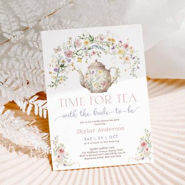 Pastel Wildflower Time for Tea Bridal Shower Party Invitations