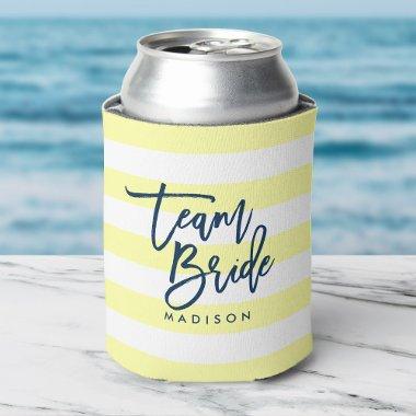 Pastel Yellow and White Stripes Blue Team Bride Can Cooler
