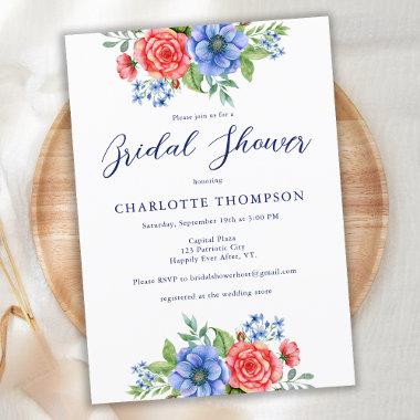 Patriotic Floral Red White Blue Bridal Shower Invitations