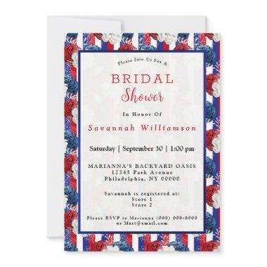 Patriotic Red White Blue Rose Stripe Bridal Shower Invitations