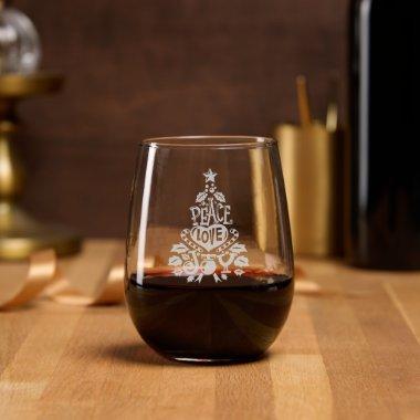 Peace love joy christmas tree lettering Holiday Stemless Wine Glass