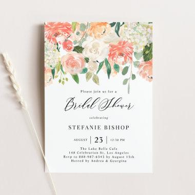 Peach and Ivory Watercolor Flowers Bridal Shower Invitations