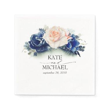 Peach and Navy Blue Floral Wedding Napkins