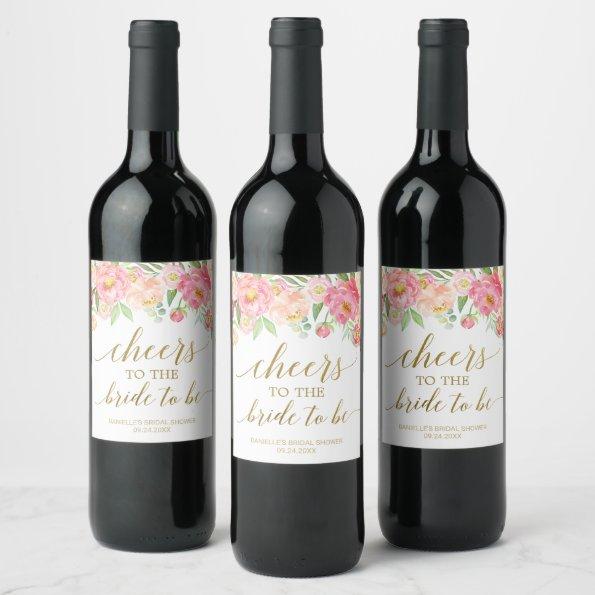 Peach and Pink Peony Cheers to the Bride To Be Wine Label