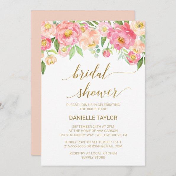 Peach and Pink Peony Flowers Bridal Shower Invitations